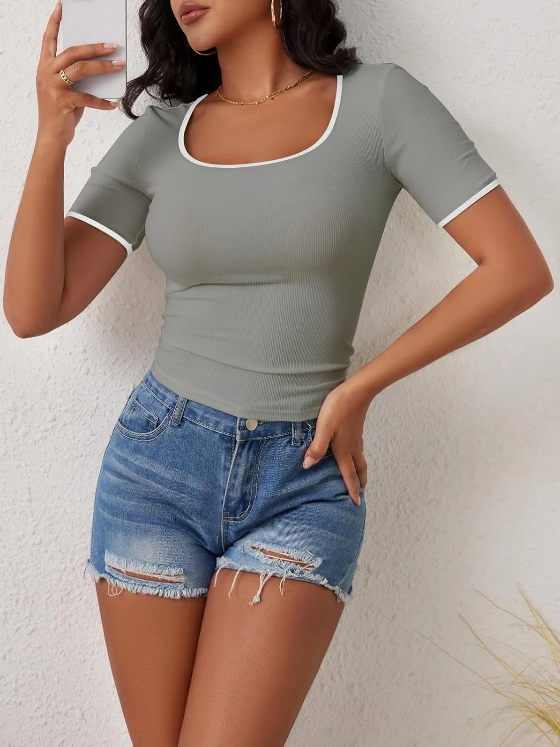 YATHON Women's Short Sleeve Color Block T Shirts Y2K Tops for Summer Slim Fitted Ribbed Knit Square Neck Basic Casual Blouses