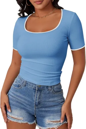 YATHON Women's Short Sleeve Color Block T Shirts Y2K Tops for Summer Slim Fitted Ribbed Knit Square Neck Basic Casual Blouses