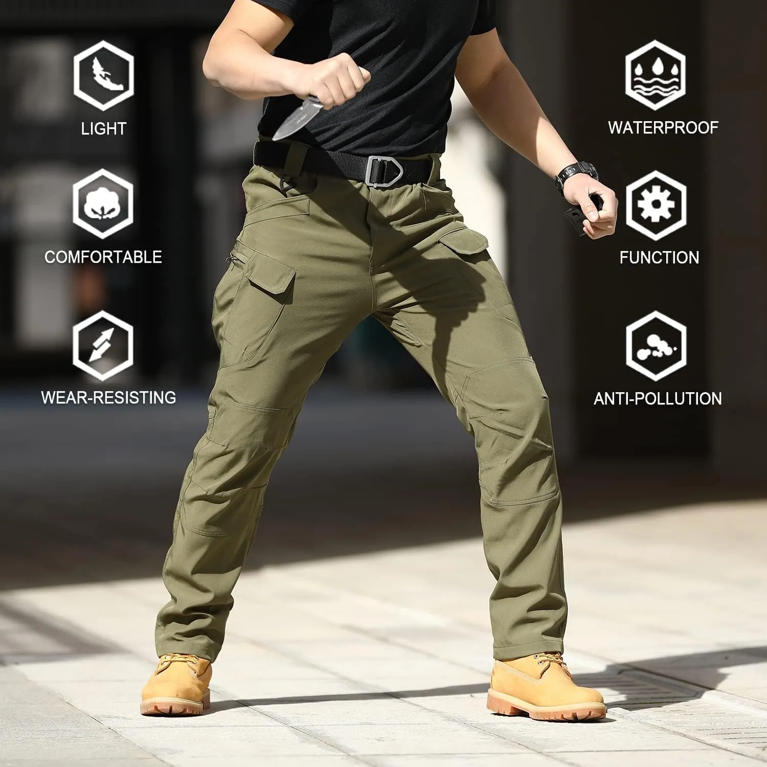 YAXHWIV Men's Flex Ripstop Tactical Pants Lightweight Hiking Casual Cargo Pants Multi Pockets Water Resistant(No Belt)