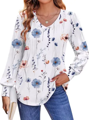 Zeagoo Women's Puff Long Sleeve Shirts Pleated V Neck Fall Tunic Tops Blouse Dressy Casual Loose Summer T-Shirts