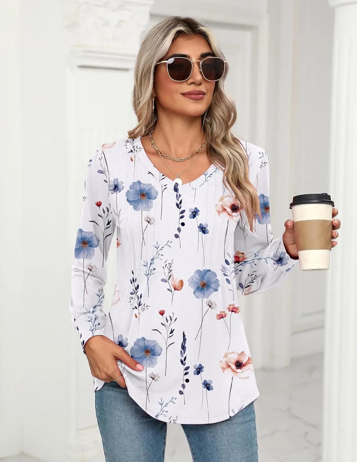 Zeagoo Women's Puff Long Sleeve Shirts Pleated V Neck Fall Tunic Tops Blouse Dressy Casual Loose Summer T-Shirts