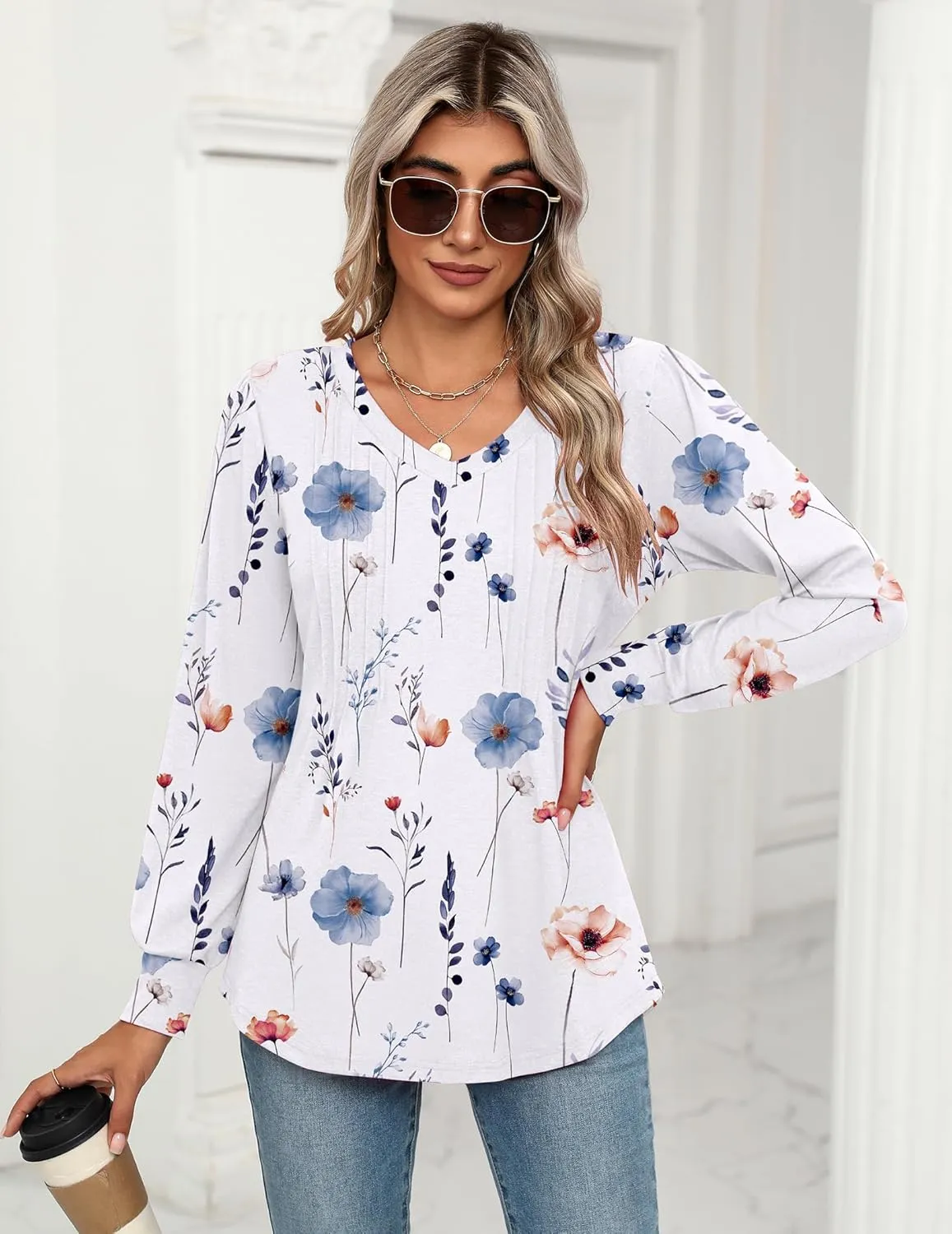 Zeagoo Women's Puff Long Sleeve Shirts Pleated V Neck Fall Tunic Tops Blouse Dressy Casual Loose Summer T-Shirts