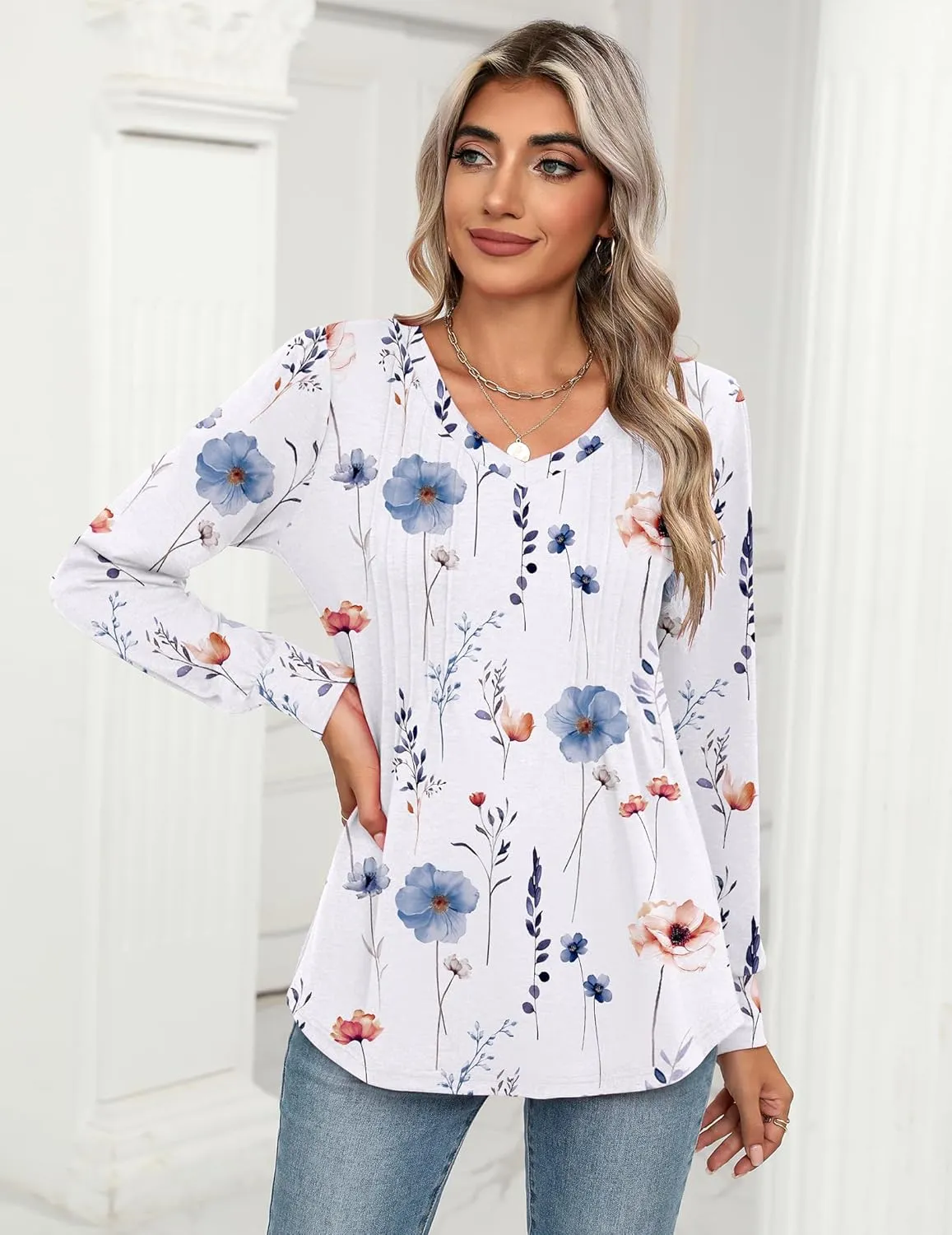 Zeagoo Women's Puff Long Sleeve Shirts Pleated V Neck Fall Tunic Tops Blouse Dressy Casual Loose Summer T-Shirts