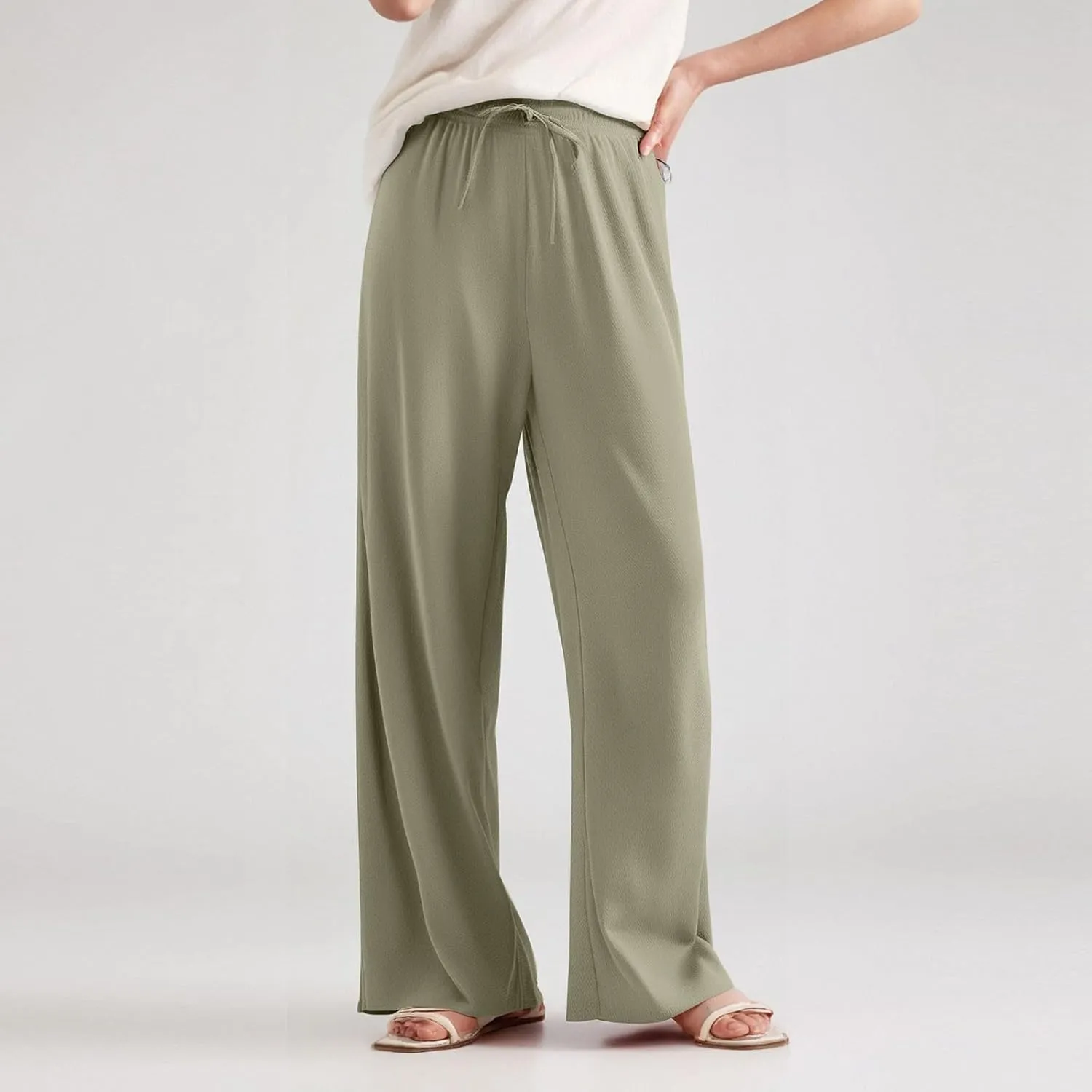 ZEFOTIM Wide Leg Lounge Pants for Women Drawstring High Waisted Pants Solid Color Lounge Trouser with Pocket