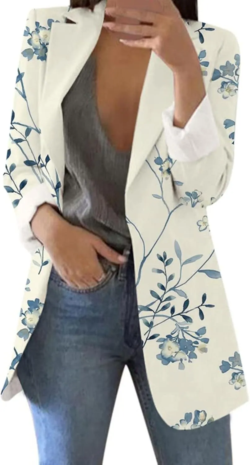 ZEFOTIM Womens Business Professional Outfits Lightweight Trendy Oversized Floral/Striped Blazer Long Office Fall Jacket