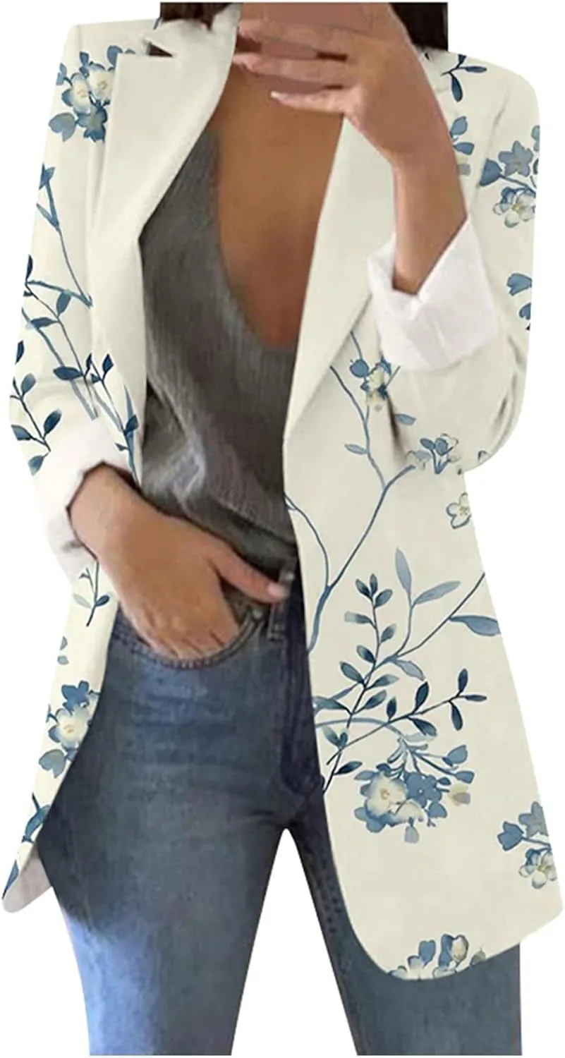 ZEFOTIM Womens Business Professional Outfits Lightweight Trendy Oversized Floral/Striped Blazer Long Office Fall Jacket
