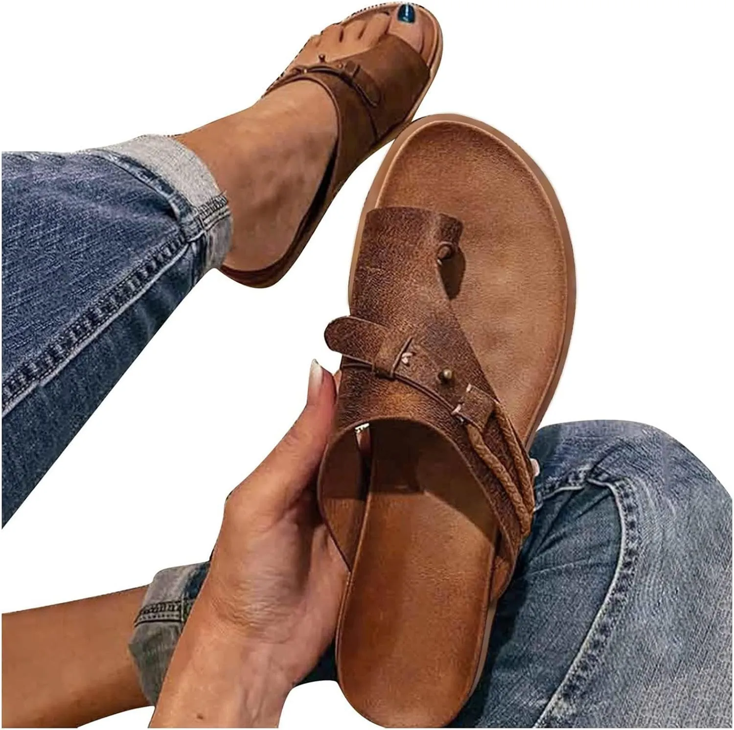 ZWRXW Sandals for Women Leather Thong Sandals Comfortable Orthopedic Sandals Dressy Summer Flip Flops Casual Walking Shoes Non-Slip Slides Flat Sandals