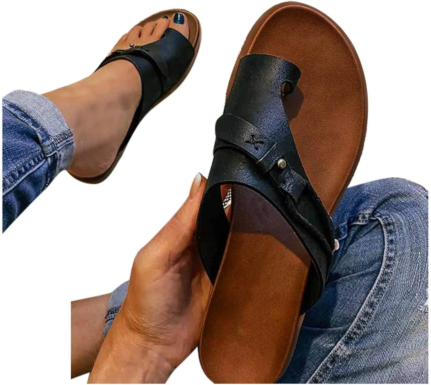 ZWRXW Sandals for Women Leather Thong Sandals Comfortable Orthopedic Sandals Dressy Summer Flip Flops Casual Walking Shoes Non-Slip Slides Flat Sandals