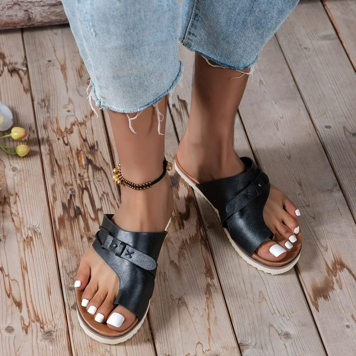ZWRXW Sandals for Women Leather Thong Sandals Comfortable Orthopedic Sandals Dressy Summer Flip Flops Casual Walking Shoes Non-Slip Slides Flat Sandals