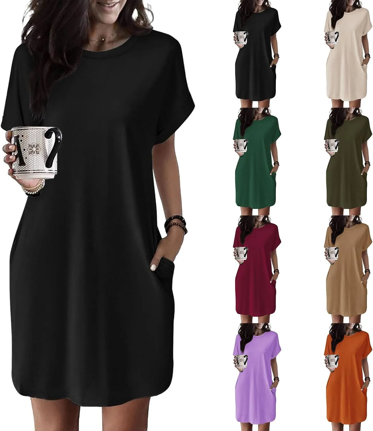 ZWRXW T Shirt Dresses for Women 2024 Summer Short Sleeve Tunic Dress Casual Flowy Swing Dress Baggy House Dress with Pockets