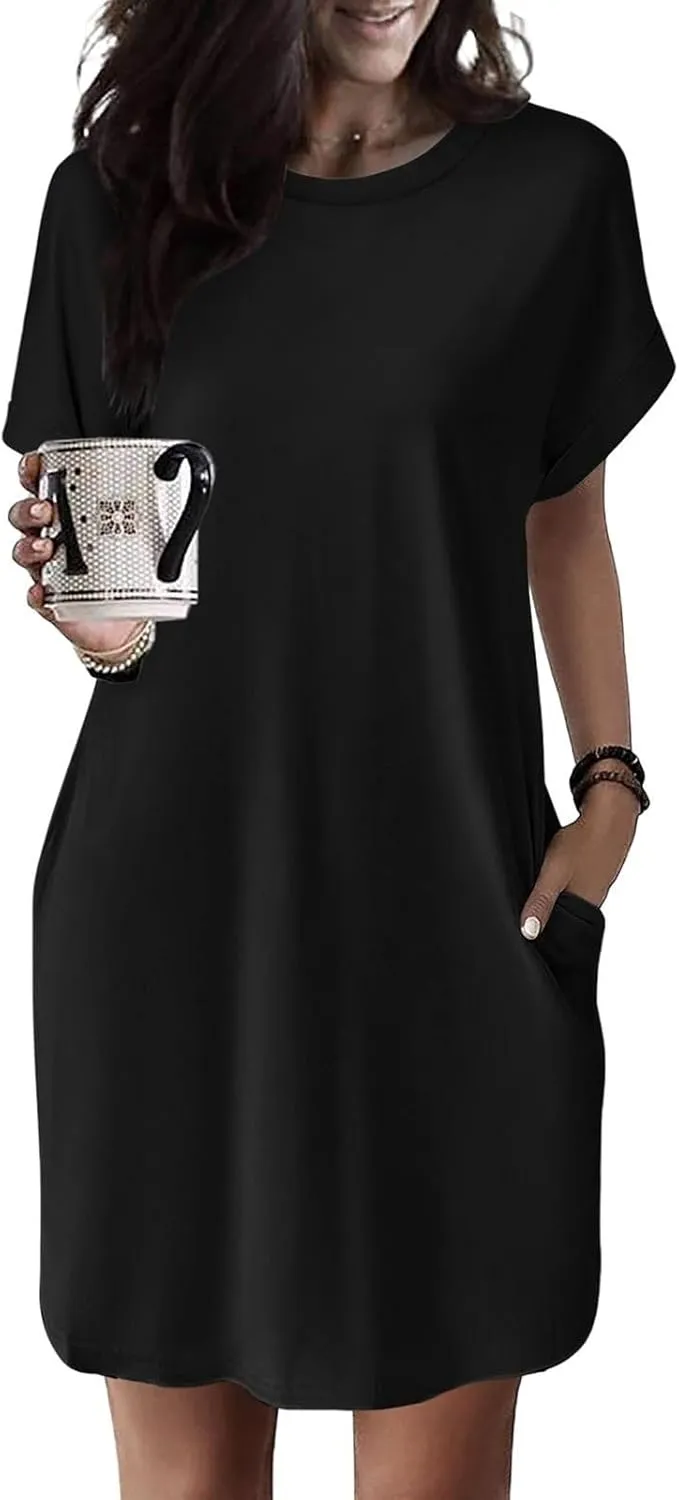 ZWRXW T Shirt Dresses for Women 2024 Summer Short Sleeve Tunic Dress Casual Flowy Swing Dress Baggy House Dress with Pockets
