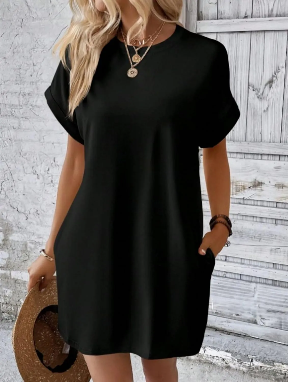 ZWRXW T Shirt Dresses for Women 2024 Summer Short Sleeve Tunic Dress Casual Flowy Swing Dress Baggy House Dress with Pockets